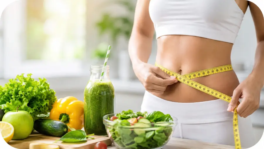 Femme heureuse sur une balance après avoir perdu du poids naturellement